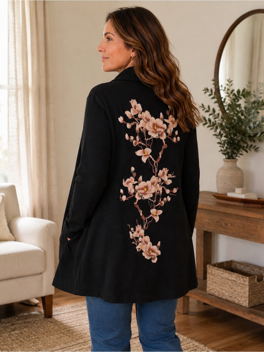 Chico’s Embroidered Floral Black Long Cardigan Duster Open Front Sz L Sweater
